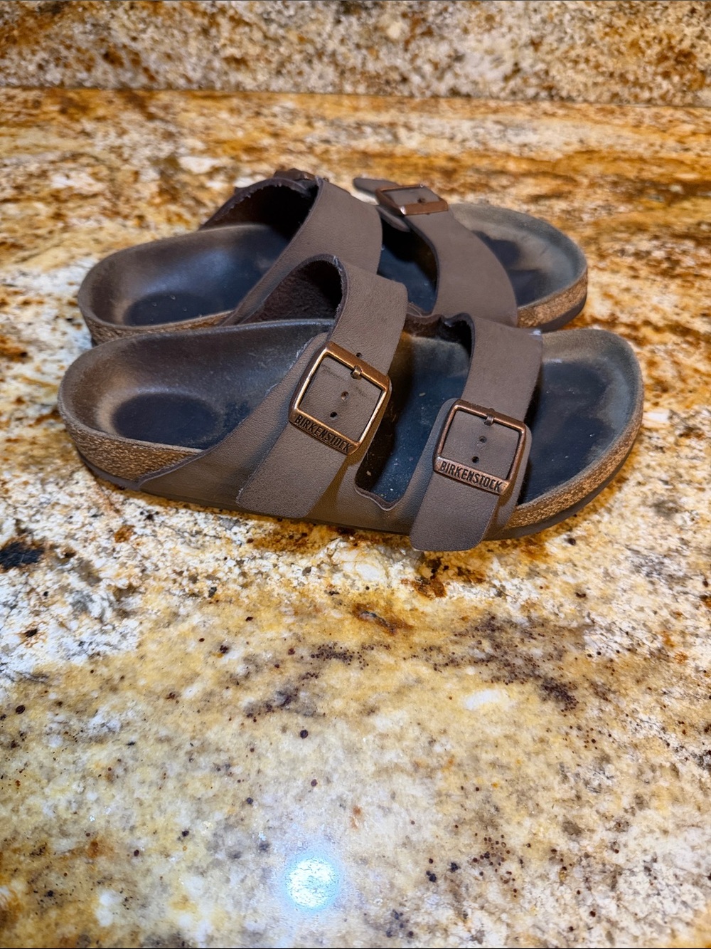 Birkenstock Brown Two-Strap Slide Sandals with Buckles
